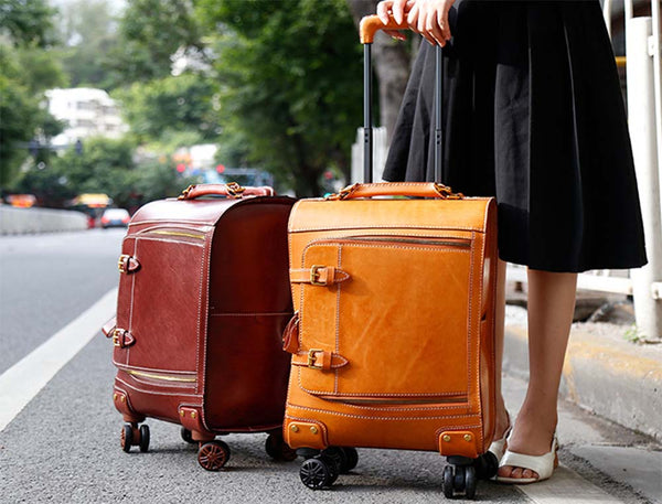 Unisex Genuine Vintage Vegetable Tanned Leather Check-In Carry On Business Rolling Bag Rotate Universal Wheel 20 Inch Travelling Trolley Luggage Business Trolley Bag-20