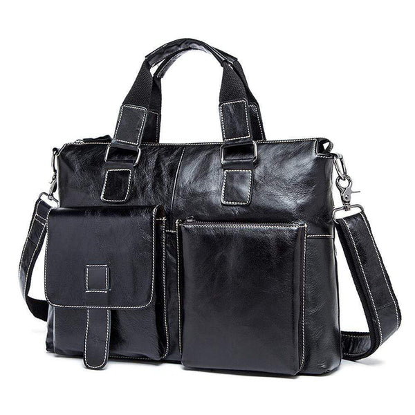 Rossie Viren  Men's Bunished Vintage Leather14" Laptop Shoulder Top Handle Bags Black-1