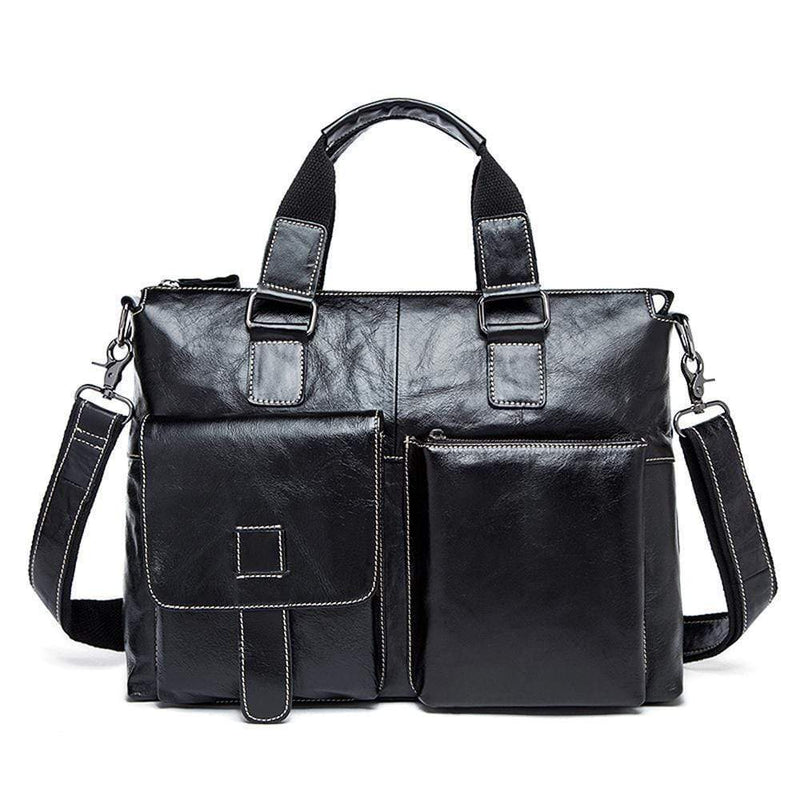 Rossie Viren  Men's Bunished Vintage Leather14" Laptop Shoulder Top Handle Bags Black-2