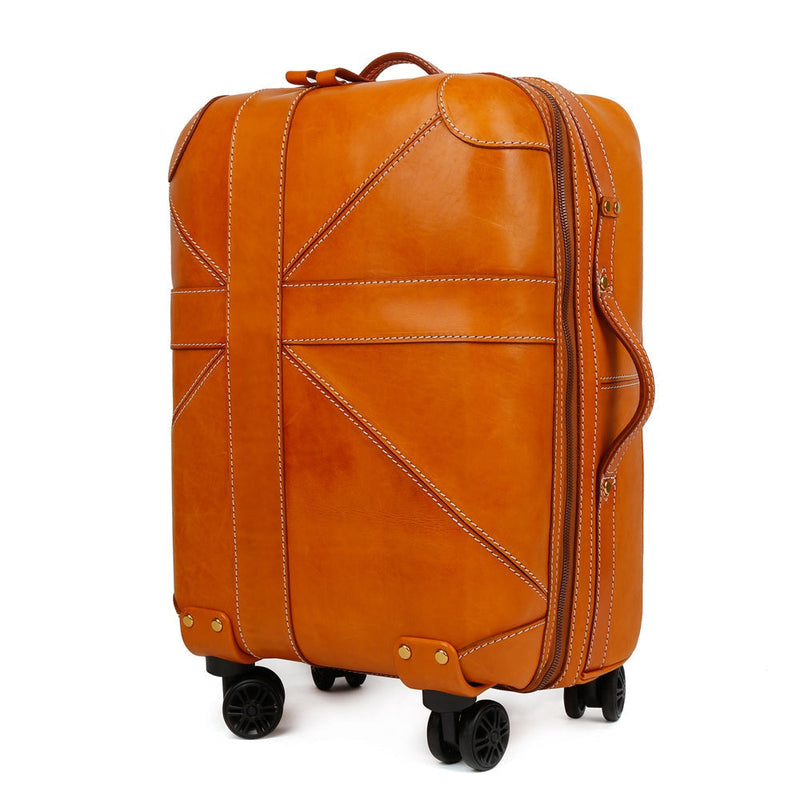 Unisex Genuine Vintage Vegetable Tanned Leather Carry On Business Trolley Bag Rotate Universal Wheel 20 Inch Travelling Luggage Bag-2