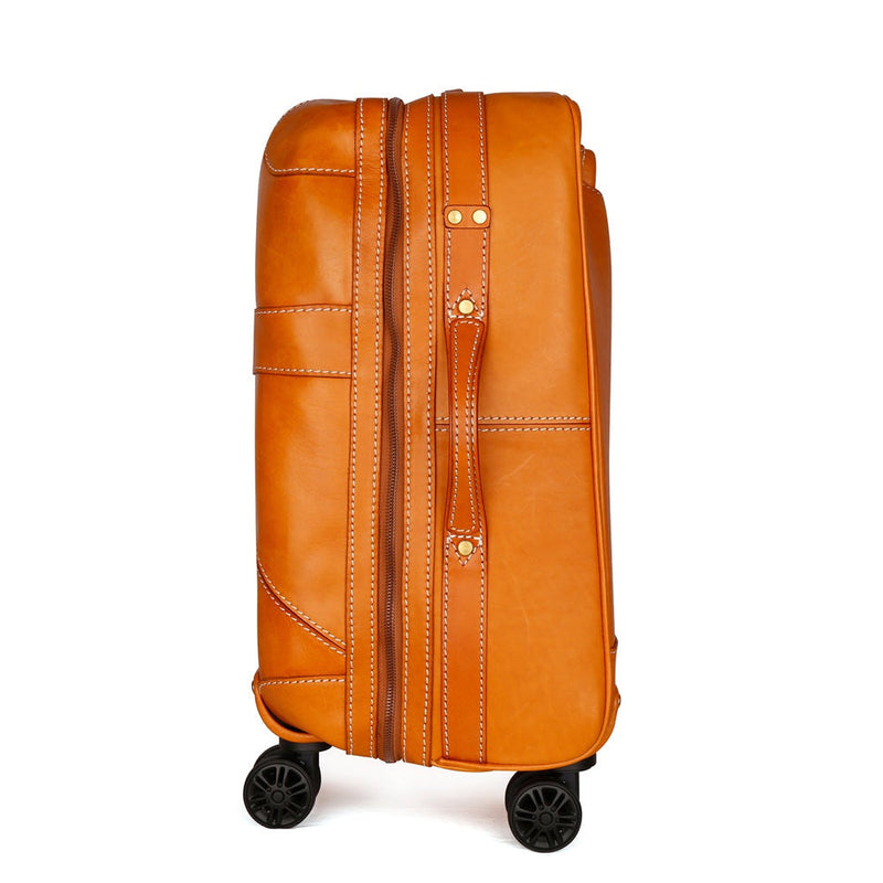 Unisex Genuine Vintage Vegetable Tanned Leather Carry On Business Trolley Bag Rotate Universal Wheel 20 Inch Travelling Luggage Bag-4