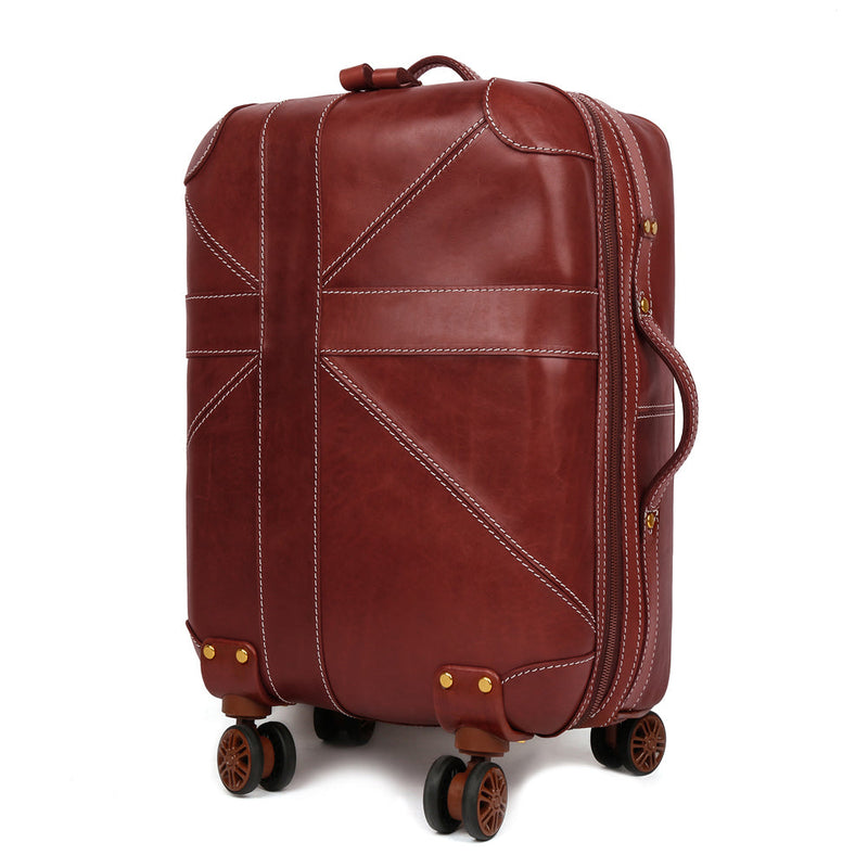 Unisex Genuine Vintage Vegetable Tanned Leather Carry On Business Trolley Bag Rotate Universal Wheel 20 Inch Travelling Luggage Bag-12