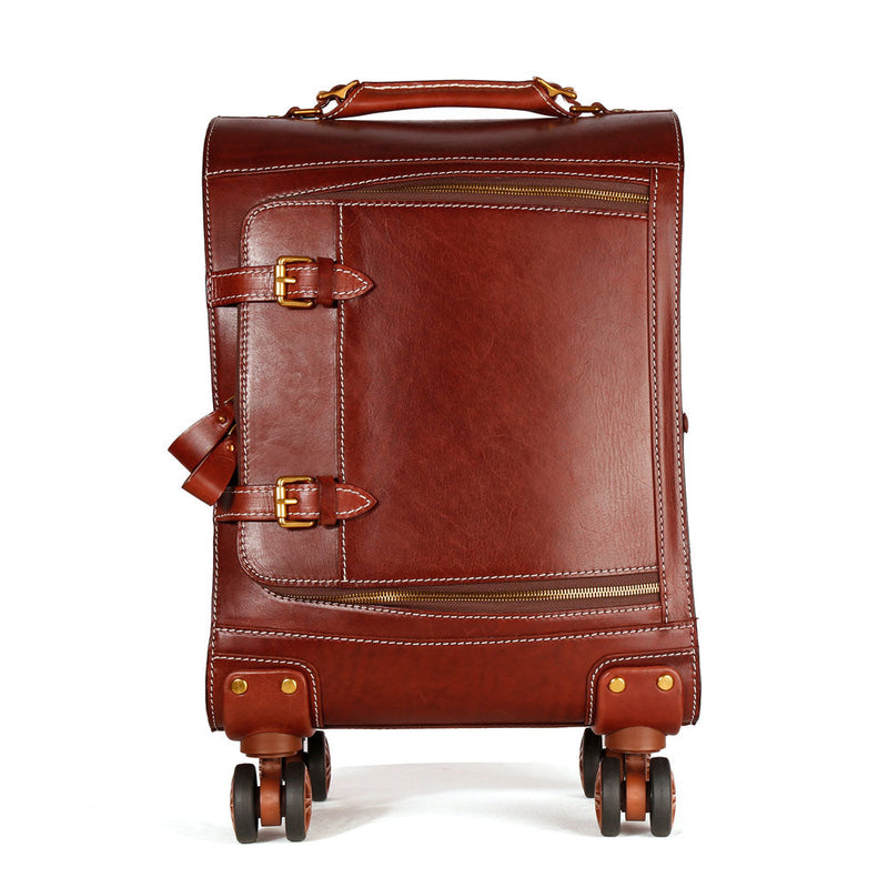 Unisex Genuine Vintage Vegetable Tanned Leather Check-In Carry On Business Rolling Bag Rotate Universal Wheel 20 Inch Travelling Trolley Luggage Business Trolley Bag-1