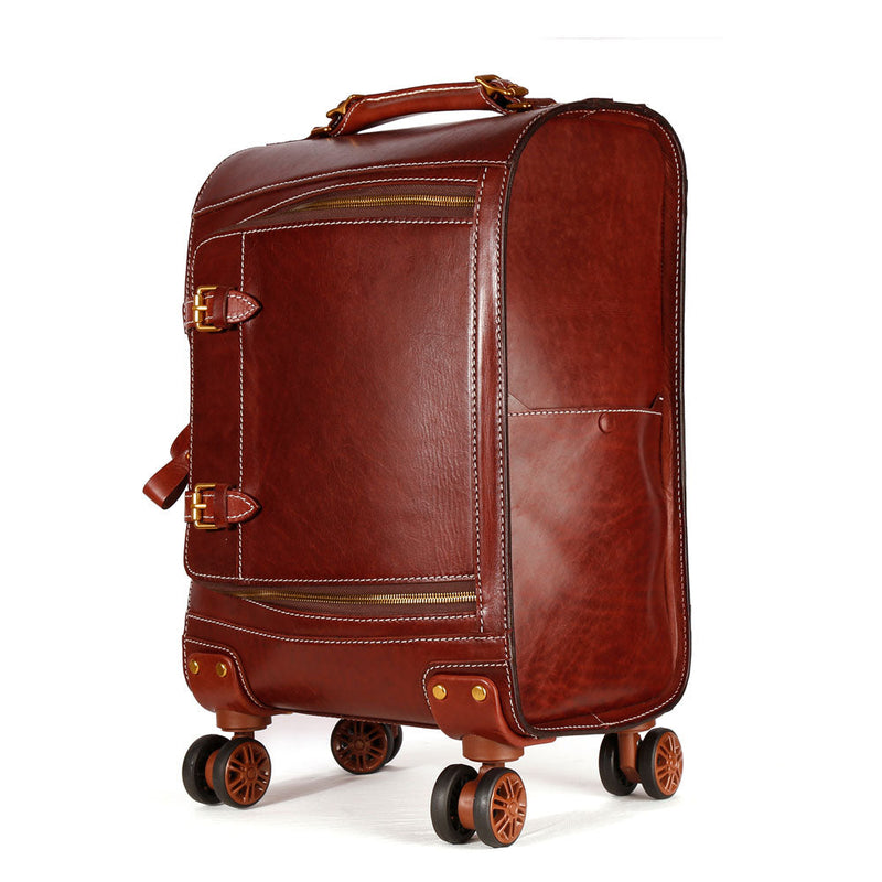 Unisex Genuine Vintage Vegetable Tanned Leather Check-In Carry On Business Rolling Bag Rotate Universal Wheel 20 Inch Travelling Trolley Luggage Business Trolley Bag-2