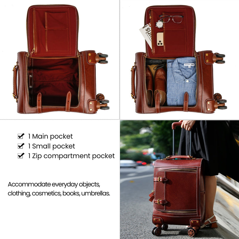 Unisex Genuine Vintage Vegetable Tanned Leather Check-In Carry On Business Rolling Bag Rotate Universal Wheel 20 Inch Travelling Trolley Luggage Business Trolley Bag-12