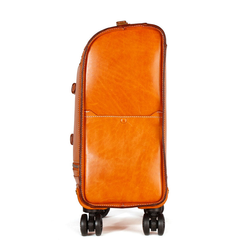 Unisex Genuine Vintage Vegetable Tanned Leather Check-In Carry On Business Rolling Bag Rotate Universal Wheel 20 Inch Travelling Trolley Luggage Business Trolley Bag-14