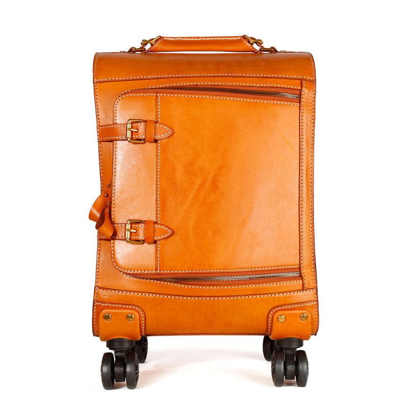 Unisex Genuine Vintage Vegetable Tanned Leather Check-In Carry On Business Rolling Bag Rotate Universal Wheel 20 Inch Travelling Trolley Luggage Business Trolley Bag-13