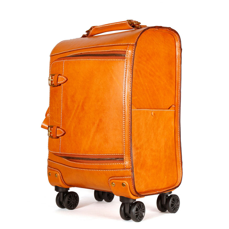 Unisex Genuine Vintage Vegetable Tanned Leather Check-In Carry On Business Rolling Bag Rotate Universal Wheel 20 Inch Travelling Trolley Luggage Business Trolley Bag-15