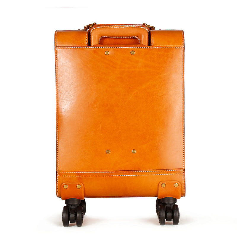 Unisex Genuine Vintage Vegetable Tanned Leather Check-In Carry On Business Rolling Bag Rotate Universal Wheel 20 Inch Travelling Trolley Luggage Business Trolley Bag-16