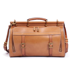 Unisex Vintage Genuine Vegetable- Tanned Leather Medium Weekender Duffle Gym Travel Bag For Men & Women With a Luggage  Sleeve-0