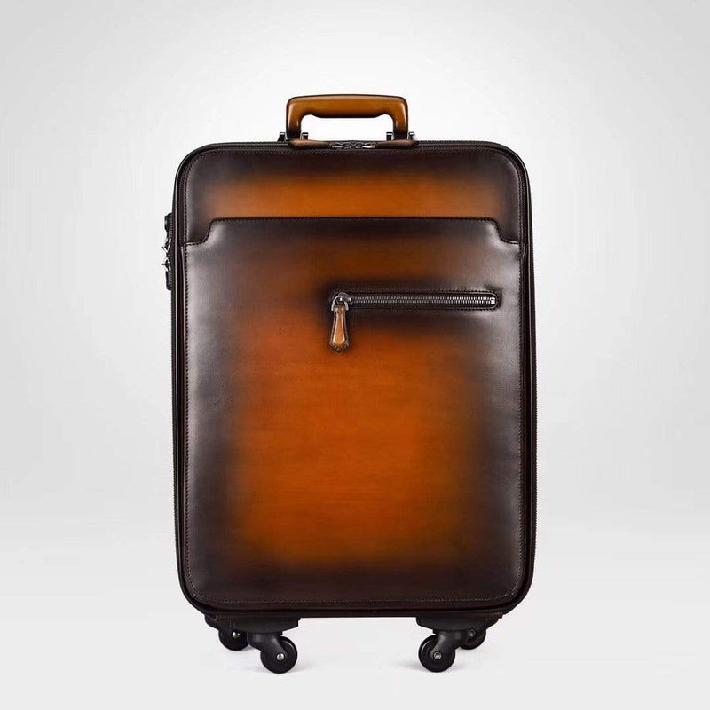 Vintage  Smooth  Cowhide Leather Voyager 4  Wheeled Leather Trolley Travel Bag-3