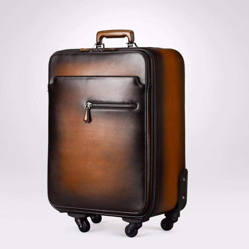 Vintage  Smooth  Cowhide Leather Voyager 4  Wheeled Leather Trolley Travel Bag-1